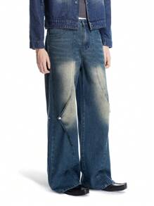 Chillumni Men's Dark Blue Vintage Washed Asymmetric Design Straight Wide-Leg Jeans - Teal Blue - View 4