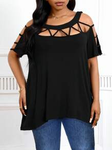 SHEIN Lady 加大码黑色宽松镂空不对称下摆上衣，适合乡村音乐节和狂欢节的夏季 T 恤 - 黑色 - 查看 3