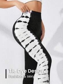 Easithlete Nhuộm buộc Xà cạp yoga Sọc Bảng Cao Co giãn Kiểm soát bụng Điền kinh Quần tất - Đen và trắng - Xem 6