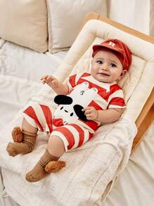 SHEIN 4 Bộ áo liền quần trang trí động vật thoải mái thông thường cho bé trai bao gồm mũ và tất - Gỗ đỏ - Xem 3