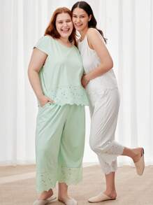 LUVLETTE Women Plus Green Wedding Essential Soft Cotton Embroidered Airy Pajama Sets Lounge Set For Women Lingerie As Outerwear - Mint Green - View 7