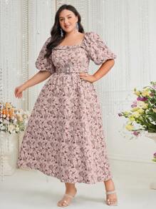 Modelyn Plus Size Women's Fashionable And Elegant Printed Waist Cinched Puff Sleeve Dress Long Evening Dresses - Pink - View 6