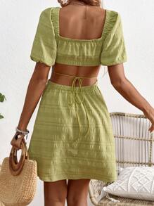 SHEIN Vestito da Maternità Elegante Per La Gravidanza Con Maniche a Palloncino, Schiena Scavata E Gonna Aderente Alla Vita per le Vacanze - Verde - Visualizzare 2