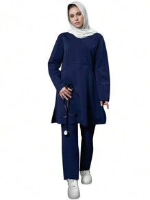 长袖 V 领开衩长线手术服套装 - 藏蓝色 - 查看 4