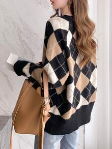 Chaqueta de punto con cuello en V y estampado de rombos para mujer estilo vintage - Multicolor - Ver 2