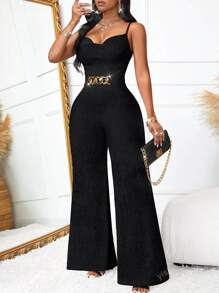Mono de pierna ancha para mujer, sexy y vintage para verano, con cinturón metálico en la cintura y cintura fruncida