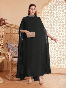 Women's Solid Color Stand Collar, Cuff & Neckline Embellished With Beading, Rhinestones, Asymmetrical Hem Long 2 Pieces Arabic Abaya, Suitable For Various Occasions Like Festivals, Gatherings, Daily Wear, Soft & Comfortable - Black - View 6