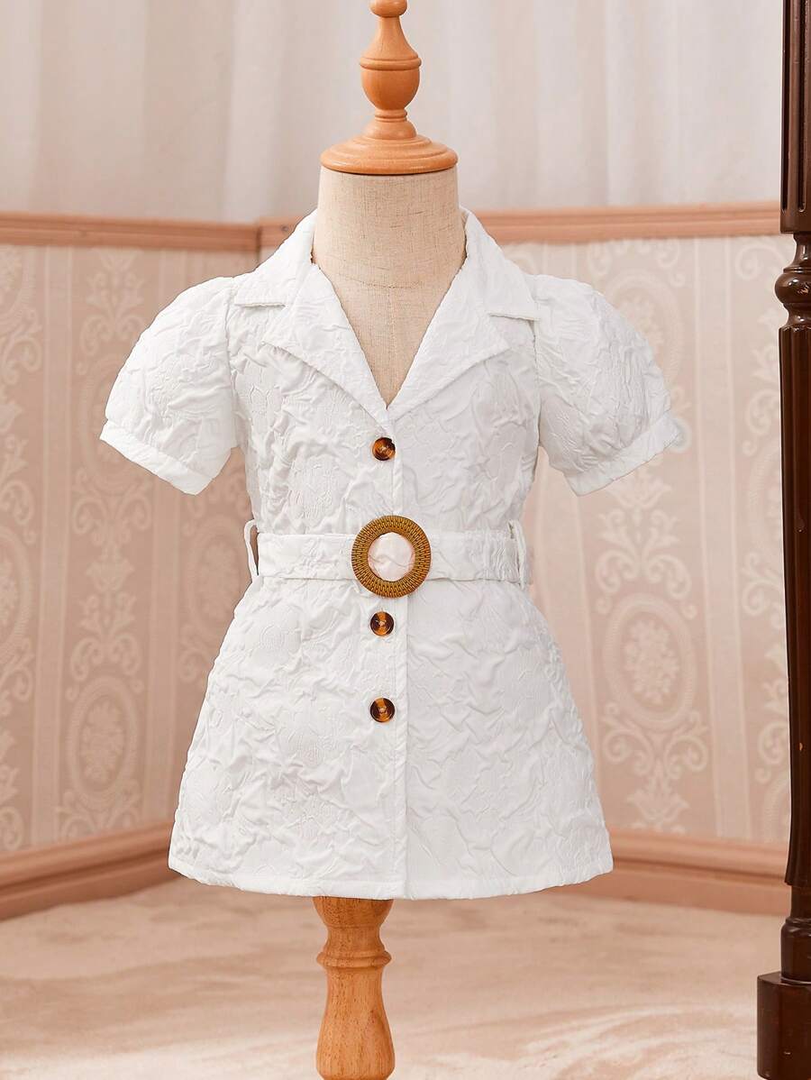 SHEIN Đứa bé gái Dệt hoa Ống tay áo Thắt lưng Váy sơ mi - trắng - Xem 1