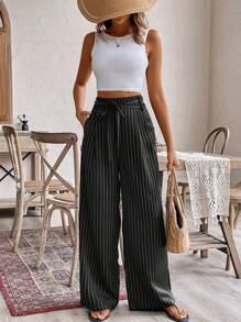 SHEIN Frenchy 极简主义风格，时尚，条纹阔腿休闲裤，腰部打结，夏季度假季节，舒适，波西米亚风，时尚，黑色蝴蝶结，毕业礼服，优雅，休闲，简约日常，田园风，假日休闲，谦虚，单身女郎，夏季上衣，适合度假 - 黑色 - 查看 6