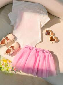 SHEIN 2pcs/Set Baby Girl Ballet Skirt With Printed Mesh Fabric, Elegant & Gorgeous, Soft & Comfortable, Suitable For Daily Wear And Leisure, Spring & Summer - Multicolor - View 2