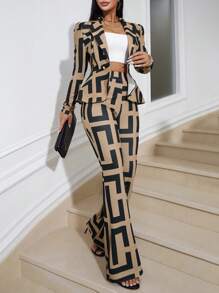 Zolique Của phụ nữ In Hình học Tay áo dài Bộ áo khoác và Quần - Cà phê nâu - Xem 4