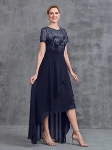Women' Embroidered Sequins Contrast Chiffon Dress - Navy Blue - View 4