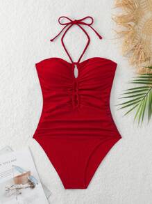 Swim Basics 2025 Solid Color Ruched Halter One-Piece Swimsuit For Women