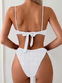SHEIN Swim Women's Summer Beach Plain Hollow Out Lace-Up Sexy Bikini Set (With Underwire) - White - View 2