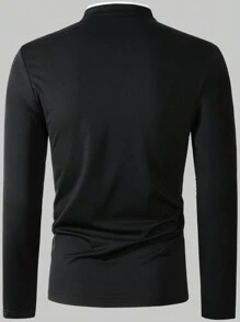 Manfinity Homme 男士夏季長袖休閒通勤網眼刺繡polo衫 - 黑色 - 查看 2