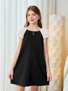 Tween Girl Loose Elegant Color-Block Puff Sleeve Dress With Back Bow Decoration
