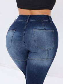 Quần Jeans Slim Fit Nâng Mông Plus Size Có Mối Nối Denim Giặt - Rửa tối - Xem 3