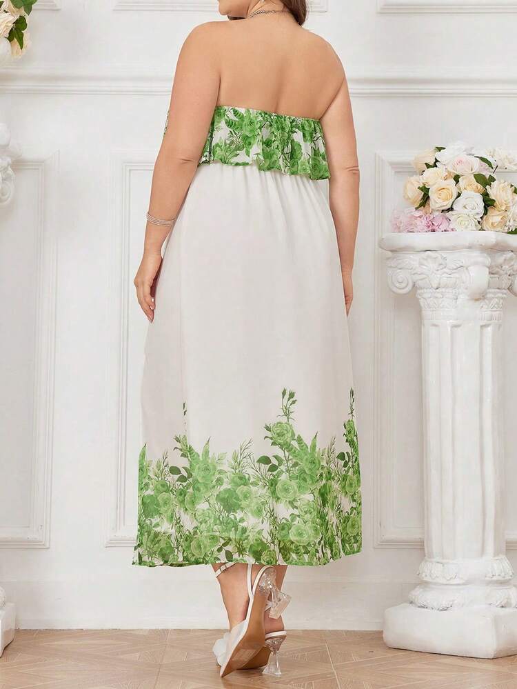 Plus Size Women's Fashionable Green Printed Strapless Slit Dress