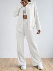 SHEIN EZwear Women's Plain And Simple Daily Wear Shirt And Long Pants Two-Piece Set - White - View 3