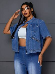 SHEIN ICON 大尺寸女士純色簡約日常牛仔外套 - 藍色 - 查看 5