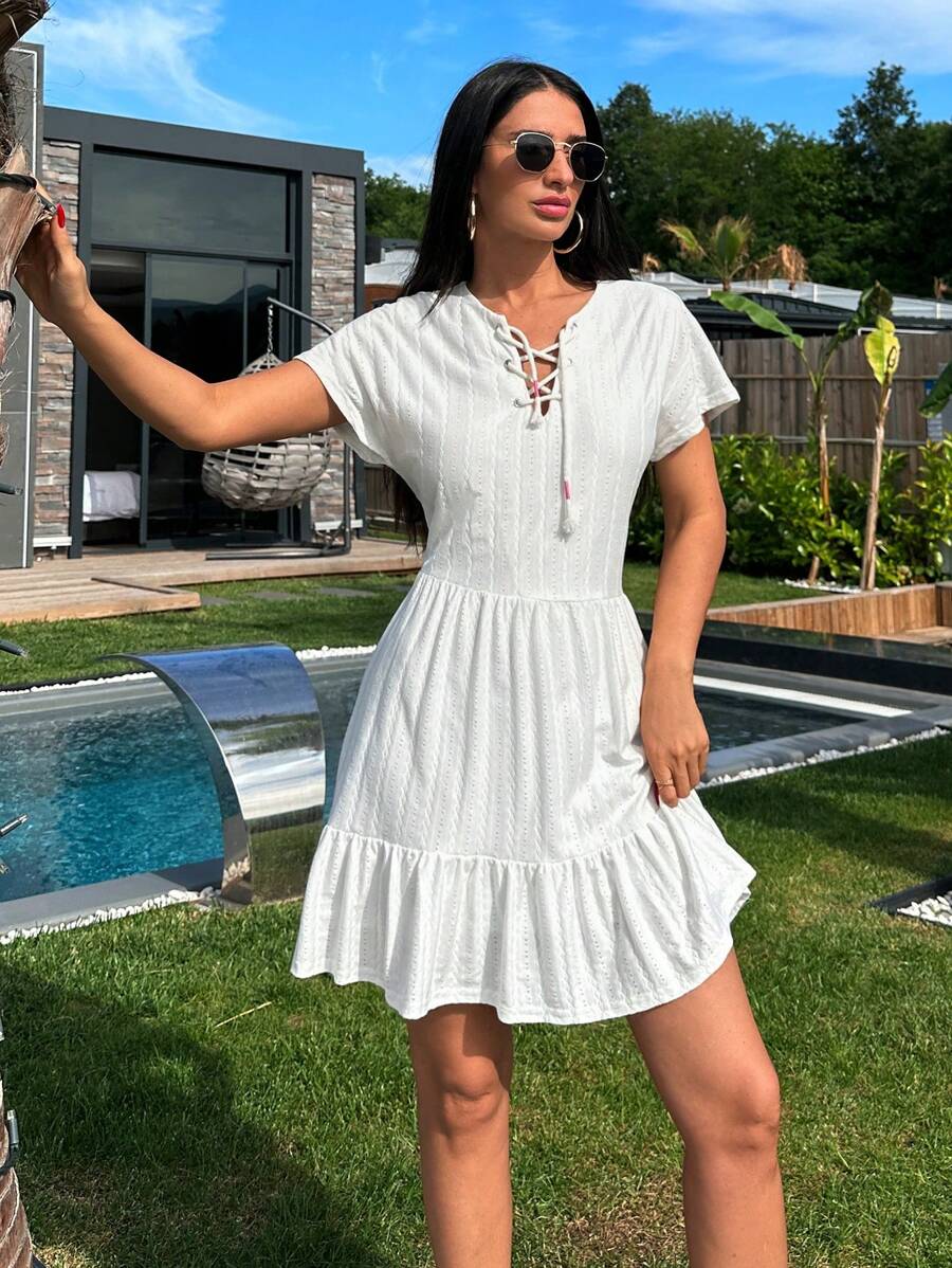 RueChic Women Summer Tie Neck Ruffle Hem Embroidery Dress - White - View 1