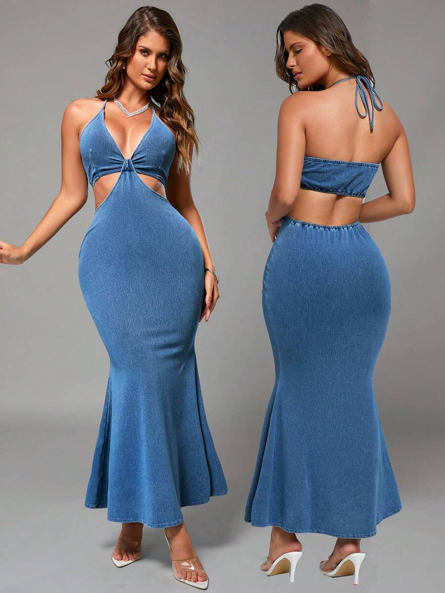 SHEIN SXY 女式牛仔修身連衣裙,夏季無袖長裙,性感中空彈力高腰牛仔連衣裙,藍色 - 中等水洗藍 - 查看 1