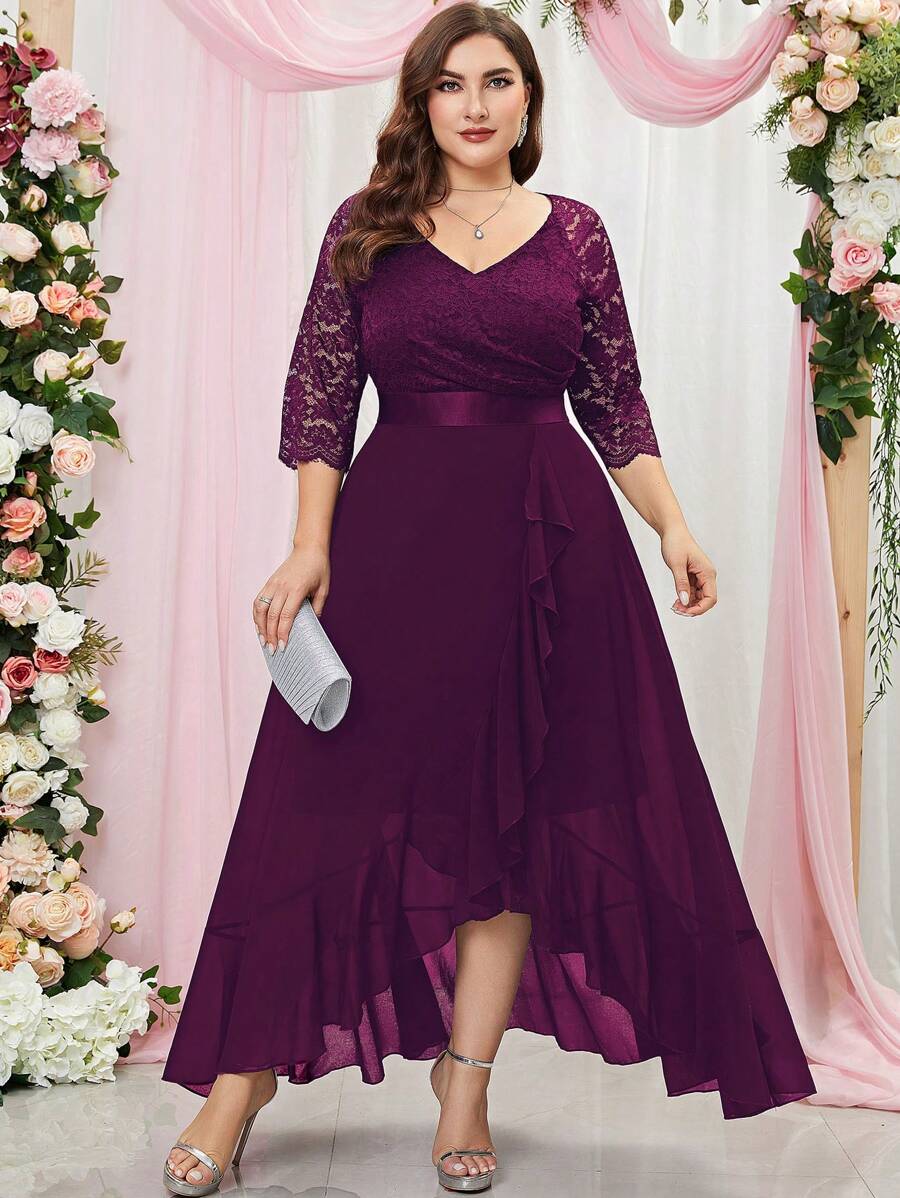 加大对比色蕾丝雪纺荷叶边裹身下摆正式派对礼服婚礼宾客礼服晚礼服 - 紫紅色 - 查看 1