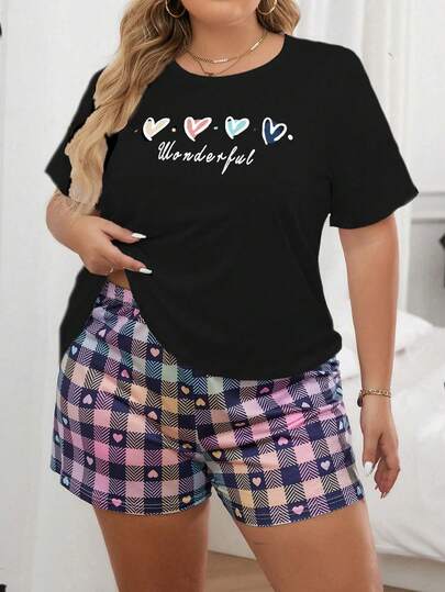 Plus Size Women's Summer Casual Multicolor Heart Print Short Sleeve T-Shirt And Plaid Shorts Pajamas Set