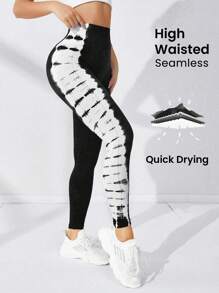 Easithlete Nhuộm buộc Xà cạp yoga Sọc Bảng Cao Co giãn Kiểm soát bụng Điền kinh Quần tất - Đen và trắng - Xem 2