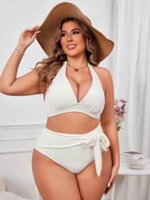 SHEIN Swim Curve Plus Size Solid Color Simple Halter Backless Bikini Set And Tie Side Bikini Set Bottom Set Summer Beach