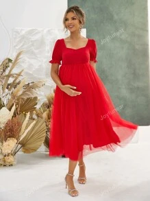 Joyfunear Maternity Solid Color Puff Sleeve Dress