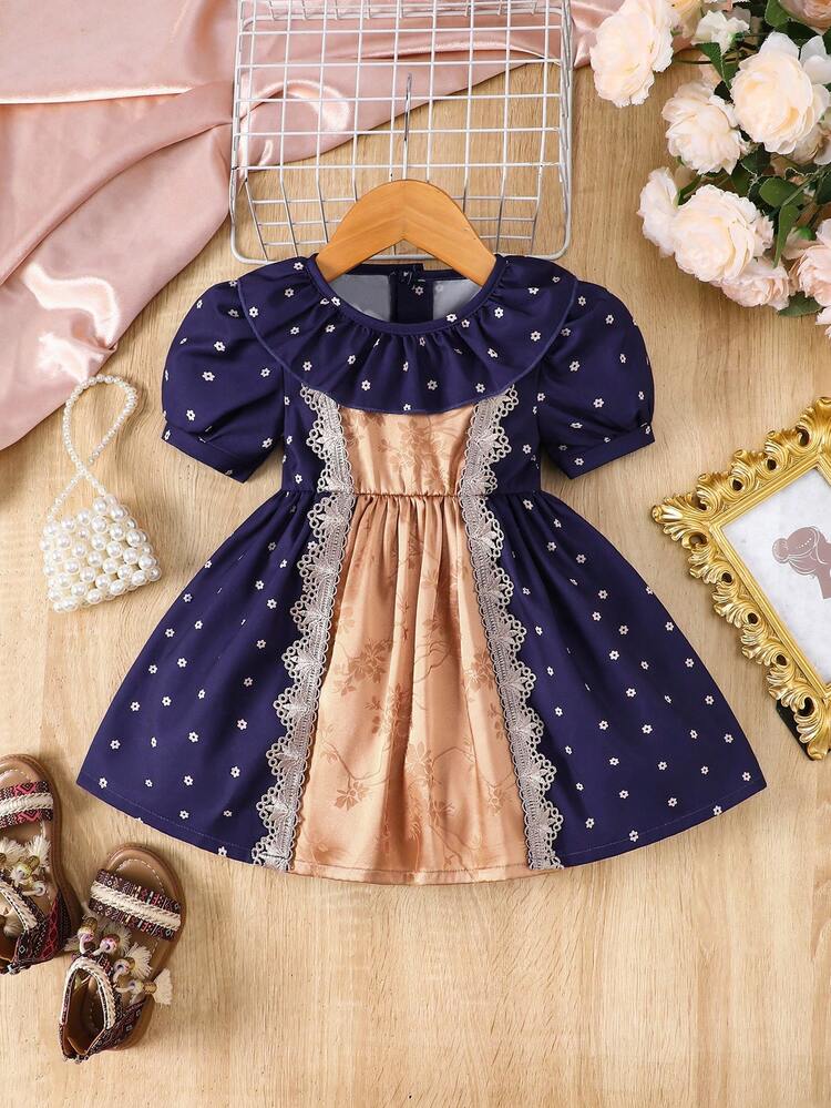 Baby Girl Bubble Sleeve Lotus Edge Dress For Summer