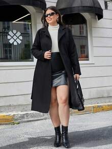 RueChic Abrigo de mujer con cuello abierto de solapa de algodón talla grande - Negro - Ver 3