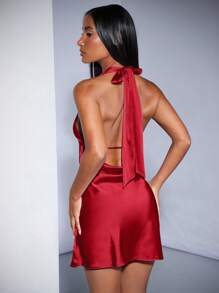 SHEIN BAE 清新淺色深V領露背披覆桃紅連衣裙，適用於派對/迎新晚會/音樂節穿搭/雞尾酒會/畢業典禮穿搭/畢業舞會/婚禮嘉賓/夏季穿搭，綁結裝飾和緞面面料，適用於演唱會穿搭/優雅派對/畢業季/迷你裙 - 紅色 - 查看 7