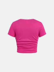 SHEIN Girlism 青少女休閒圓領短袖T恤，帶有側褶和發帶 - 玫紅色 - 查看 5