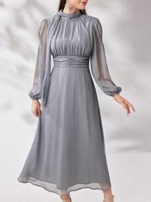 Modelyn 女士純色燈籠袖褶皺優雅阿拉伯風格裙 - 灰色 - 查看 6