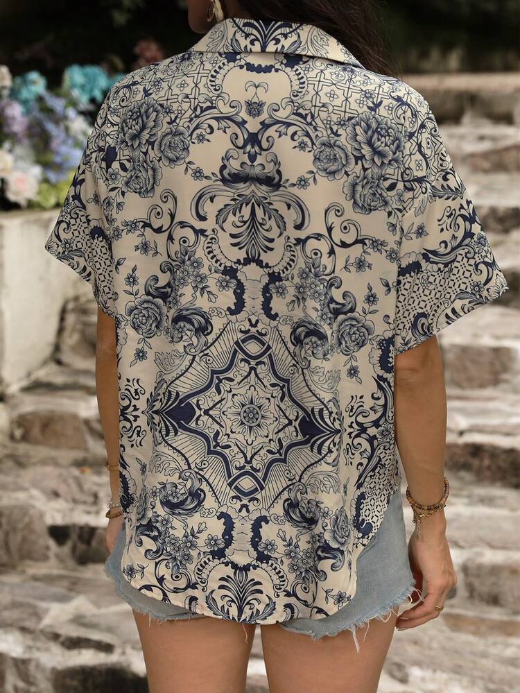 Women's Summer Vacation Floral Printed Short Sleeve Casual Shirt With Lapel Collar