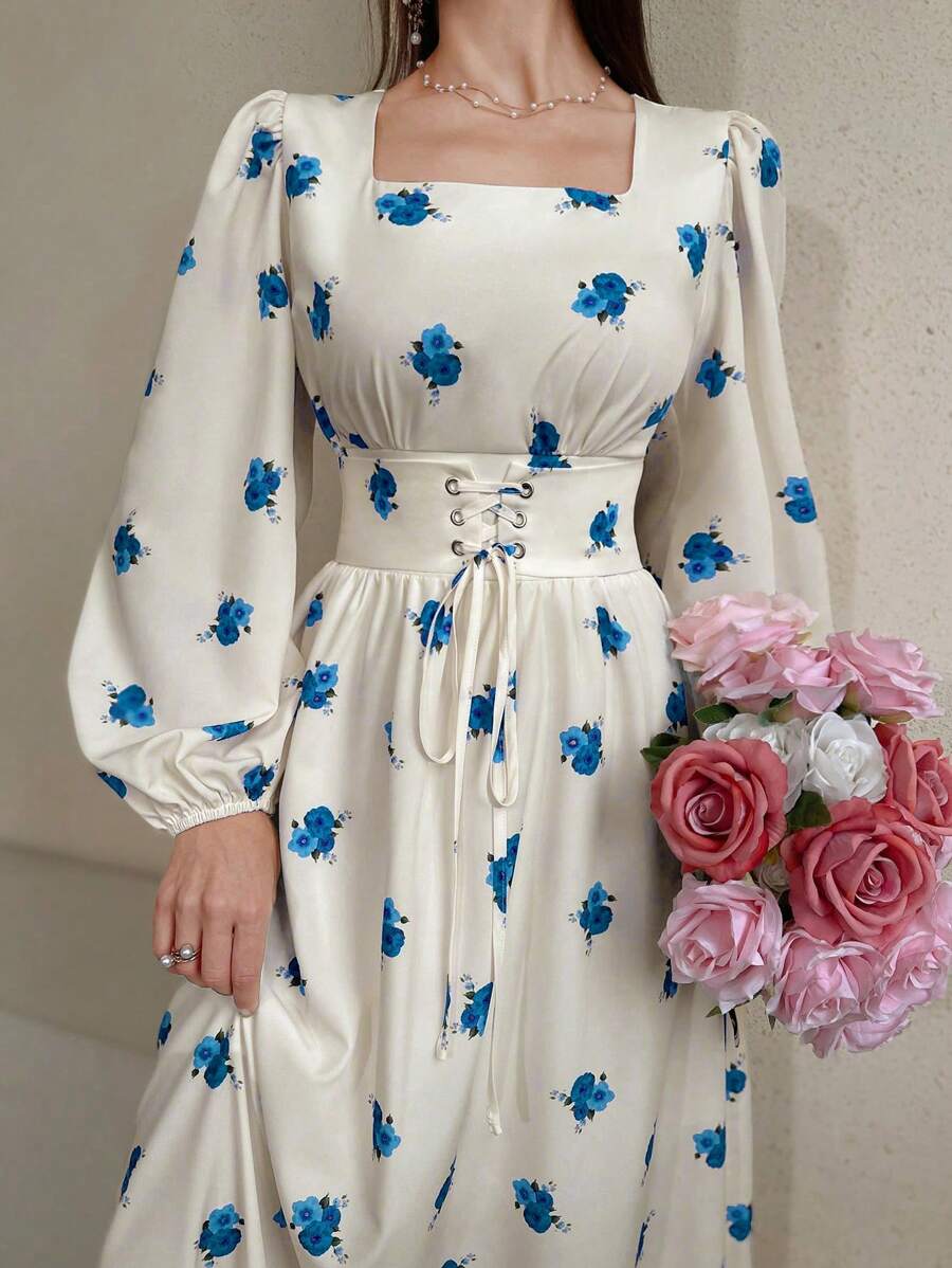 Modelyn Đầm Maxi Tay Lồng Đèn Hoa Mùa Hè Cho Nữ Có Cổ Vuông Và Thắt Lưng Eo - Màu xanh lam - Xem 1
