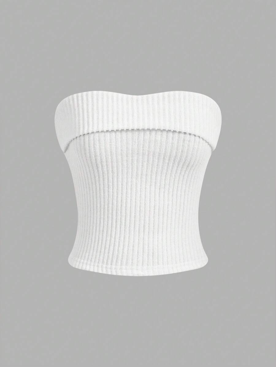 SHEIN EZwear White Knit Women's Strapless Top - White - View 1