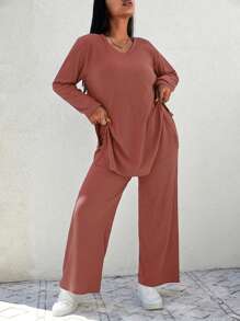 RueChic Plus Solid Split Hem Tee & Wide Leg Pants - Pink - View 4