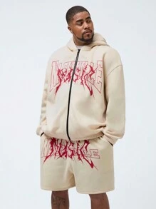 Manfinity VCAY 2 piezas Chaqueta con capucha de manga larga suelta de hombros caídos con estampado de letras y pantalones cortos casuales de unicolor para hombre de talla grande, para usar a diario en otoño e invierno