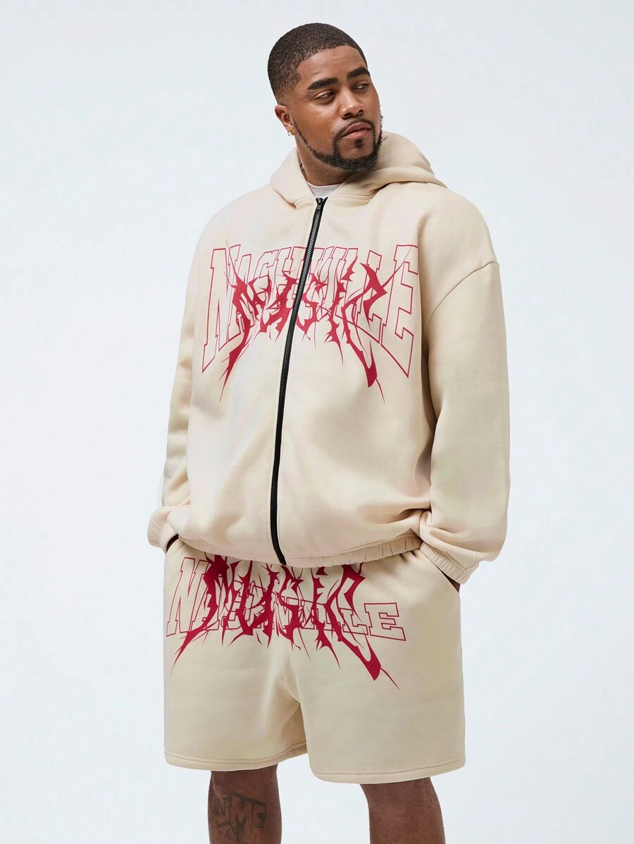 Manfinity VCAY 2 piezas Chaqueta con capucha de manga larga suelta de hombros caídos con estampado de letras y pantalones cortos casuales de unicolor para hombre de talla grande, para usar a diario en otoño e invierno