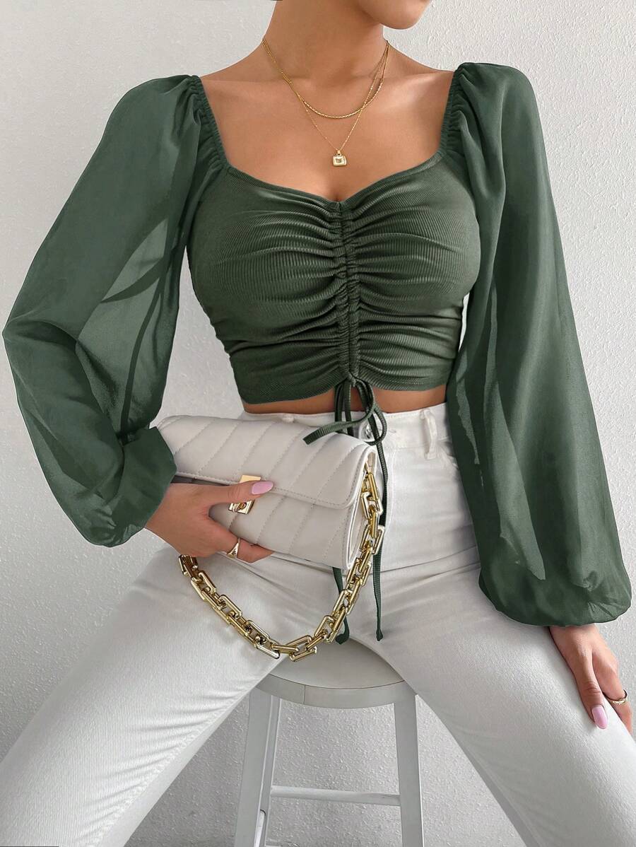 Chiquease Women's Solid Color Drawstring Pullover Shirt With Pleated Lantern Sleeves Fall Cloth For Women - Green - View 1
