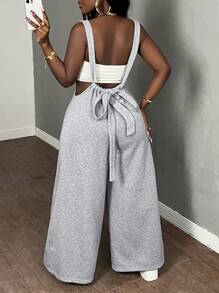 Slaydiva Pantalones largos grises casuales de pierna ancha con cordón - H
