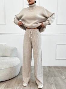 SHEIN Tall 2pcs High Neck Drop Shoulder Sweater And Ribbed Solid Color Sweater Pants, Tall Women - Beige - View 7