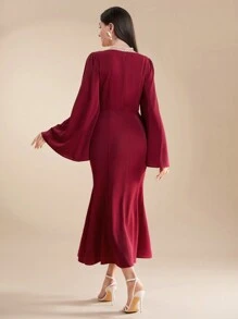 Modelyn Burgundy Red Women's Summer Solid Color Square Neck Flared Sleeve Pleated Party Matching Dress, Evening Party Dress Long Evening Dresses
