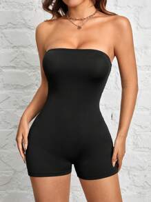 SHEIN PETITE Casual Simple Black Sleeveless Short Sexy Jumpsuit Women's Unitard Suitable For Summer