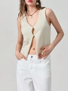 Women's Summer Knitted Solid Color V-Neck Hollow-Out Vest - Beige - View 3