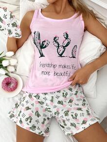 RueChic Set pigiama con grafica slogan & cactus con Copriocchi - Rosa - Visualizzare 5