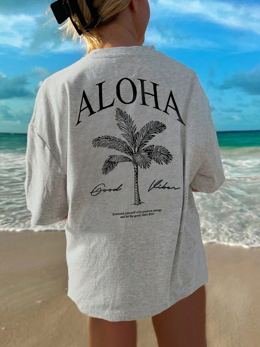 女士新款棕榈树标语印花休闲圆领短袖T恤，时尚度假风，日常必备单品。图案T恤，女士上衣，度假风